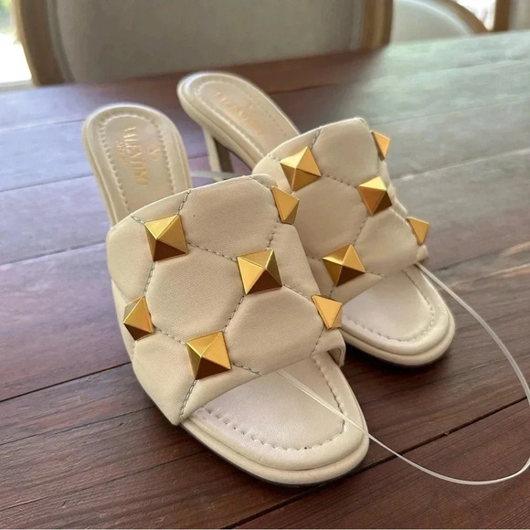 Nappa Quilted Roman Stud 65mm Slide Sandals 35.5 Light Ivory - Picture 1 of 13